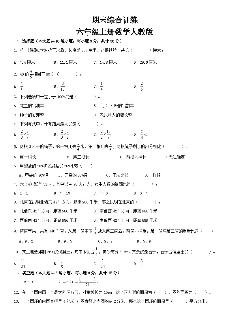 人教版六年级上册 数学期末综合卷 (试题)(无答案)01