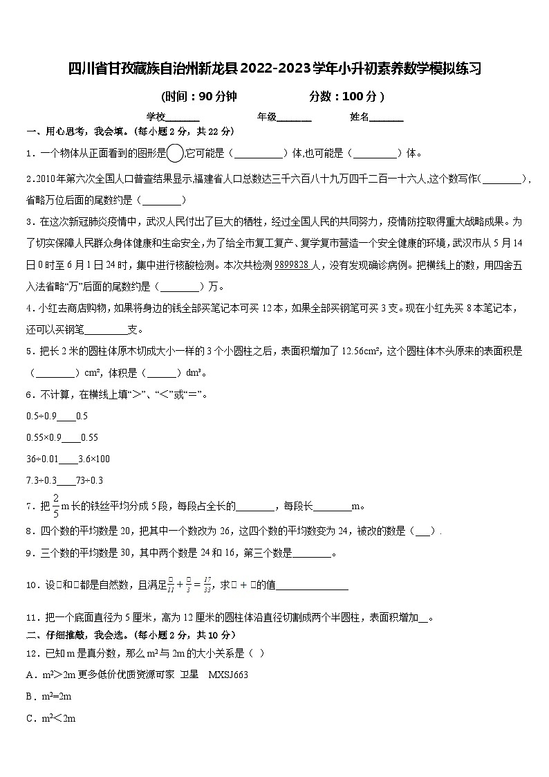 2023年四川省甘孜藏族自治州新龙县小升初数学模拟试卷第1页
