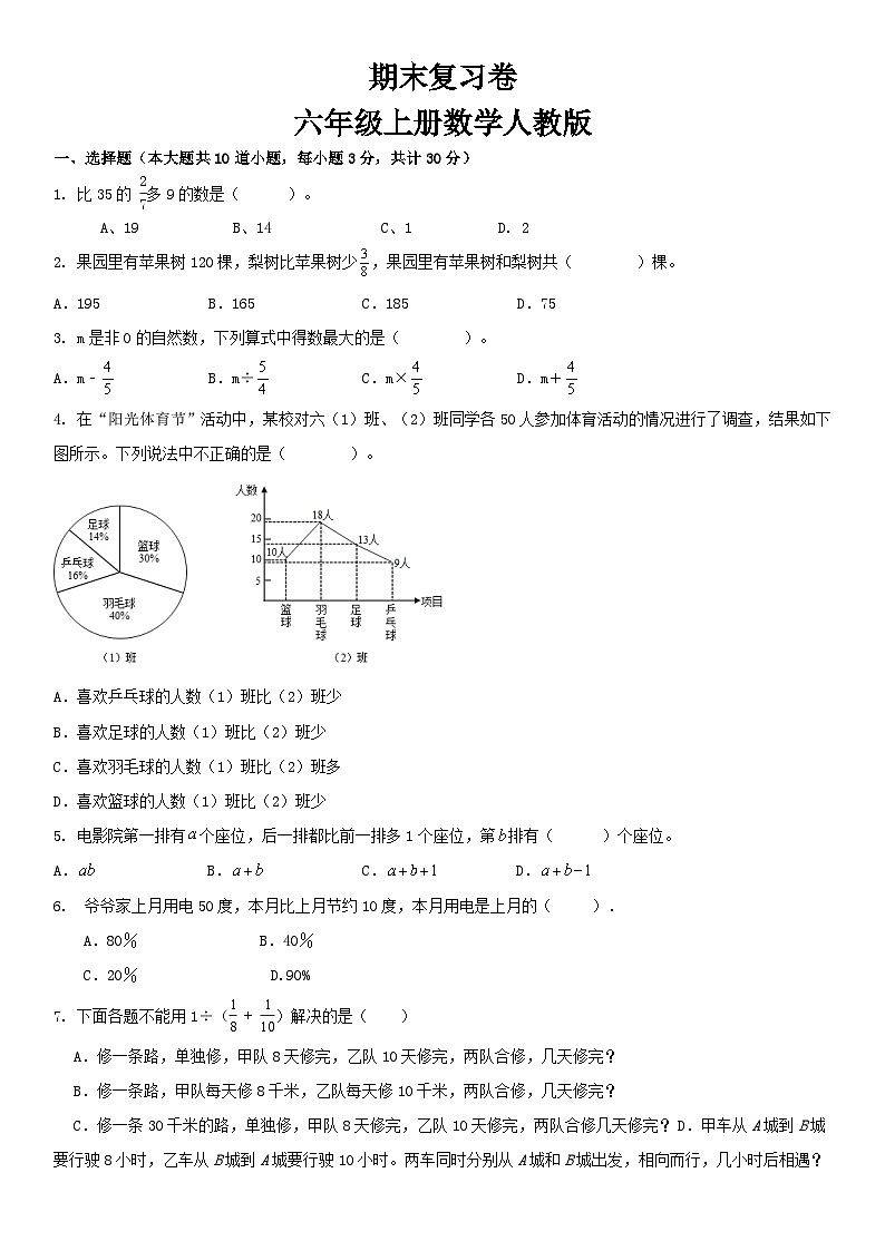 人教版六年级上册数学期末 复习题(无答案)第1页