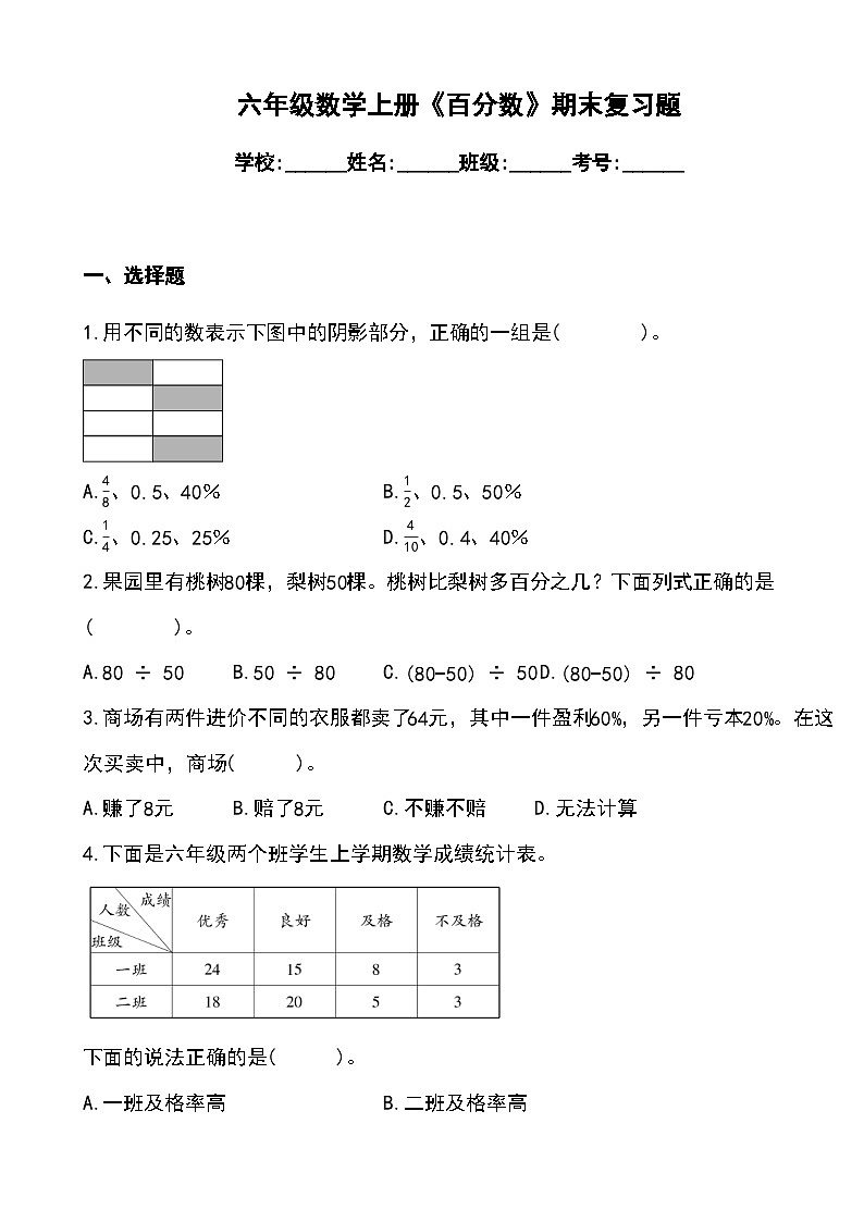 《百分数》期末复习题(单元测试)-六年级上册数学人教版(无答案)第1页