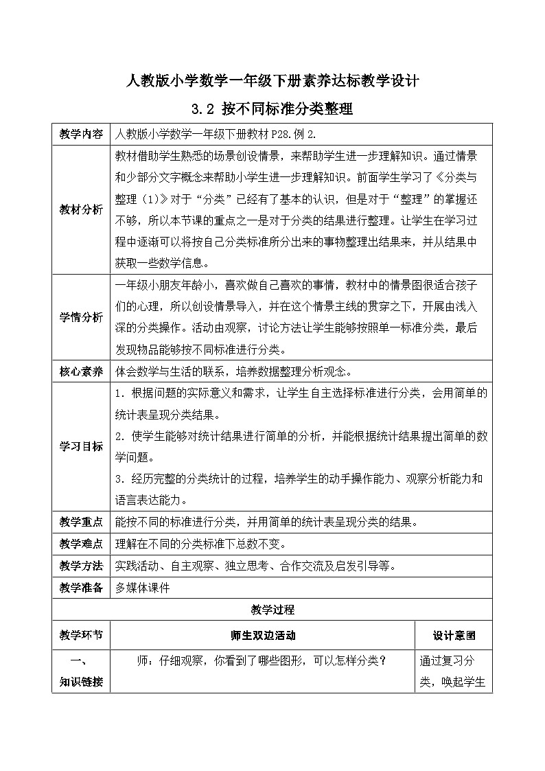 【核心素养】人教版数学一年级下册-3.2 按不同标准分类整理(课件+教案+学案+作业)01