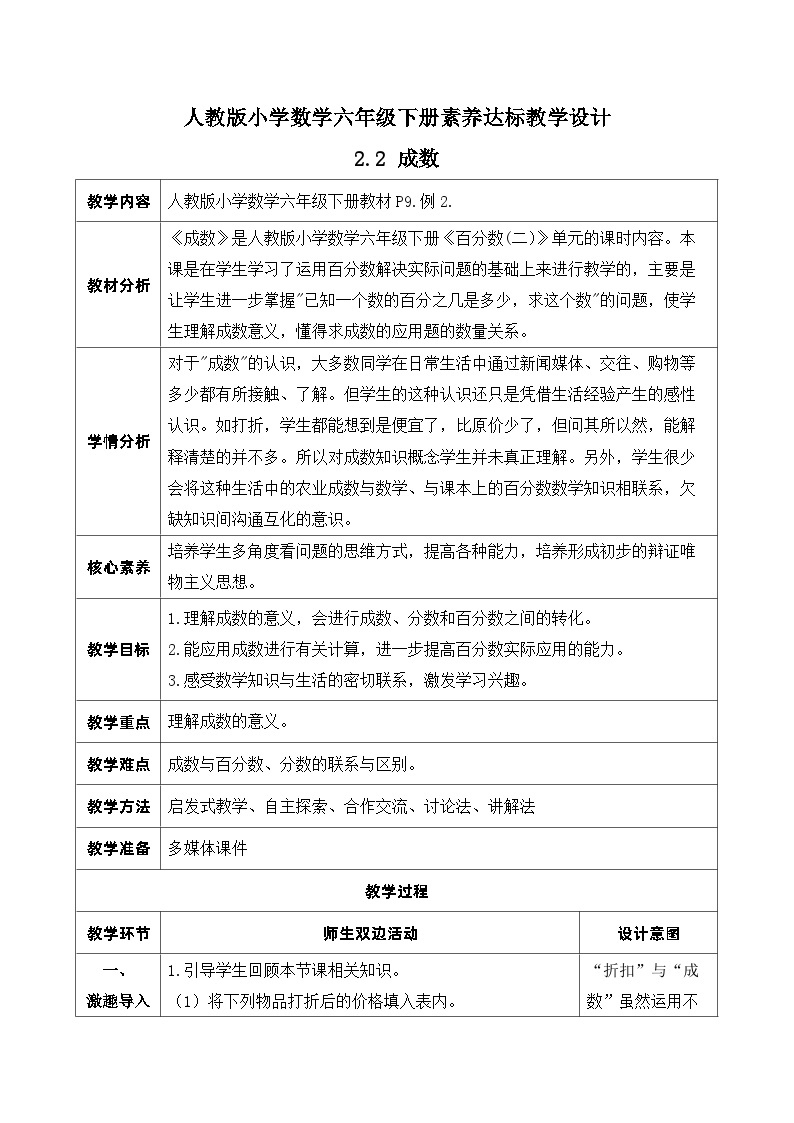 【核心素养】人教版数学六年级下册-2.2 成数（课件+教案+学案+作业）01