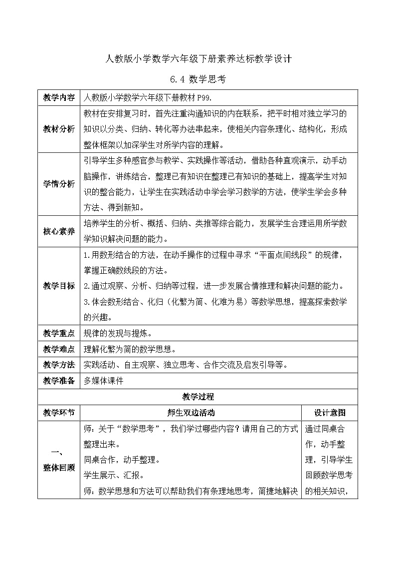 【核心素養(yǎng)】人教版數(shù)學(xué)六年級(jí)下冊(cè)-6.4 數(shù)學(xué)思考（教學(xué)設(shè)計(jì)含反思）第1頁
