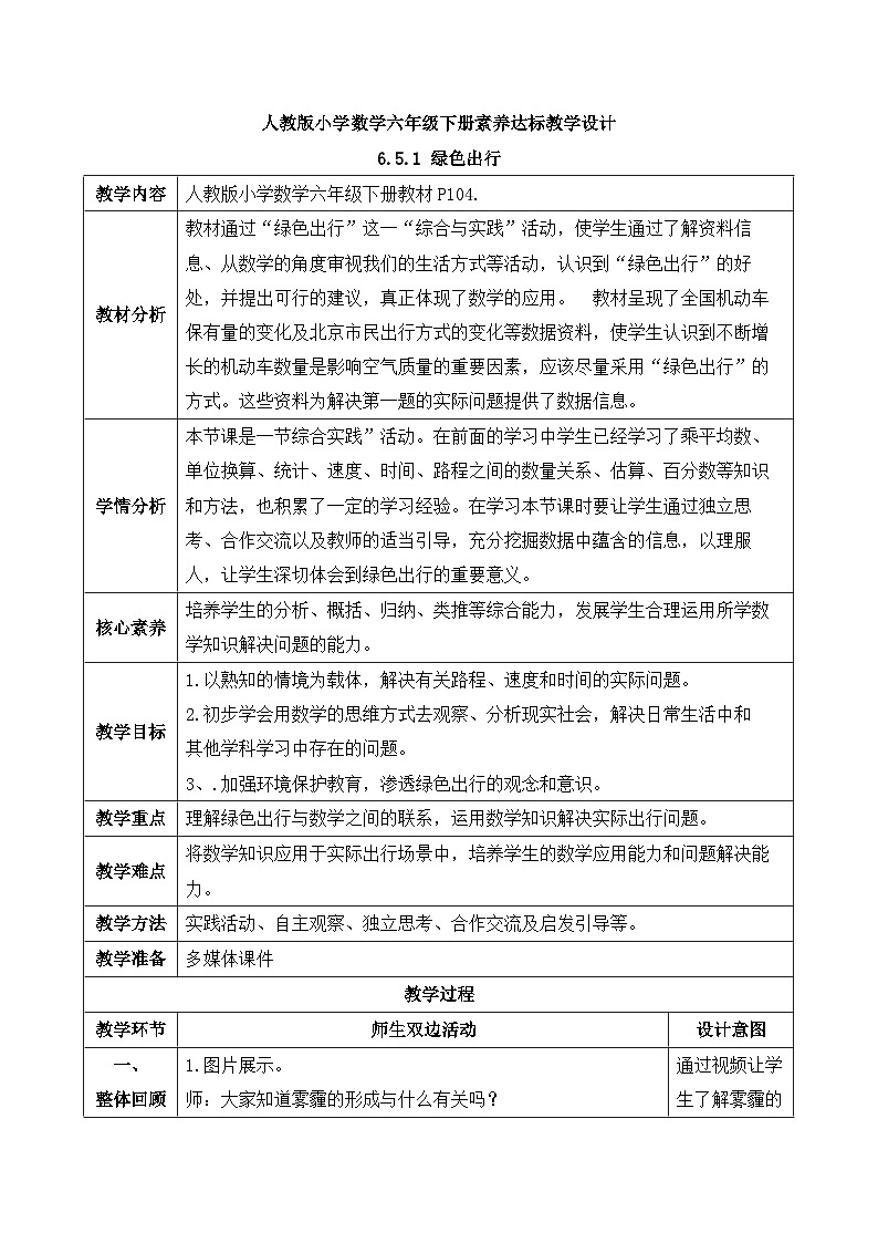 【核心素養(yǎng)】人教版數(shù)學(xué)六年級下冊-6.5.1 綠色出行（教學(xué)設(shè)計含反思）第1頁