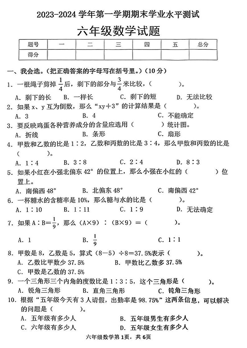 山东省菏泽市巨野县2023-2024学年六年级上学期期末考试数学试题01