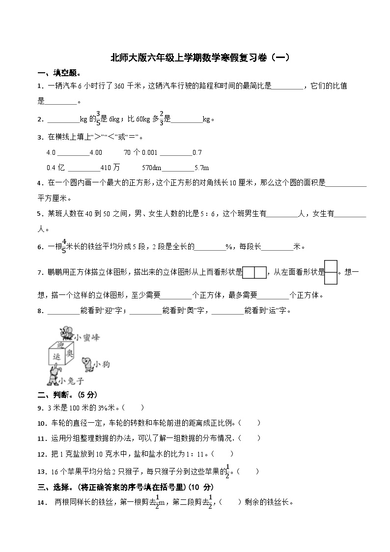 寒假复习卷（一）（试题）-2023-2024学年六年级上册数学北师大版