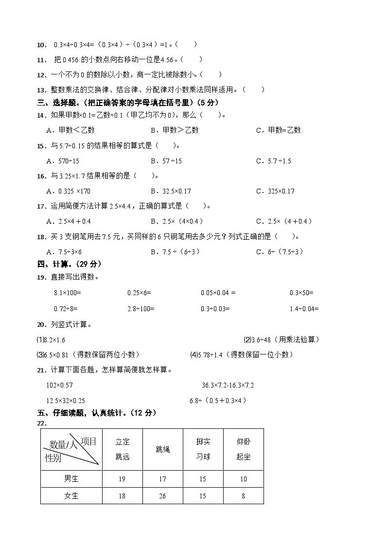 广西壮族自治区防城港市上思县2023-2024学年五年级上学期数学学习成果监测试卷(三)第2页