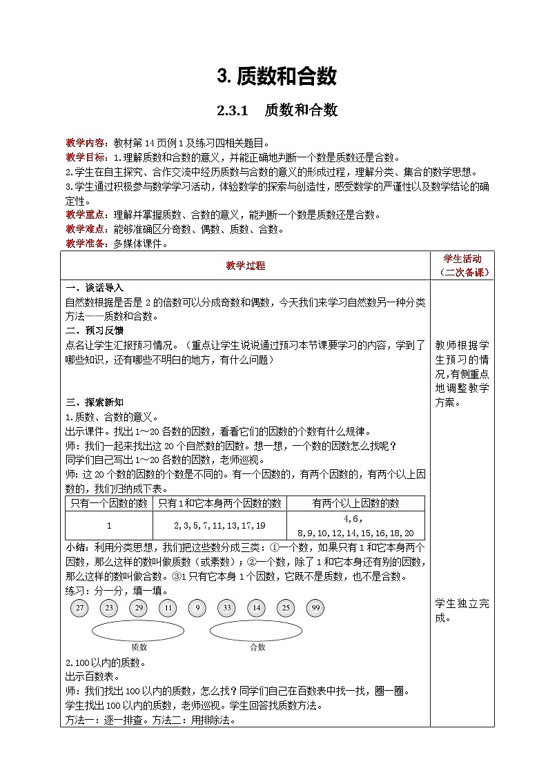 人教版數(shù)學(xué)五年級(jí)下冊(cè) 2.3.1《質(zhì)數(shù)和合數(shù)》教案第1頁