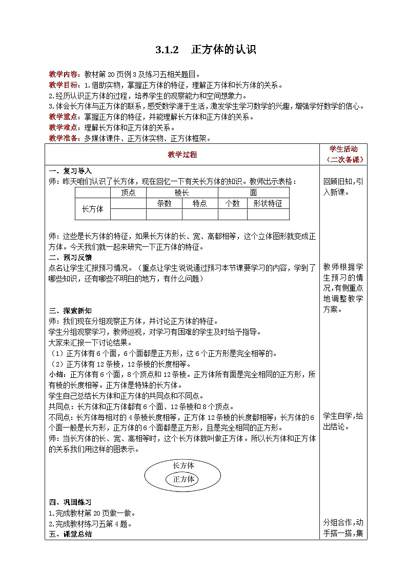 人教版数学五年级下册 3.1.2《正方体的认识》教案第1页
