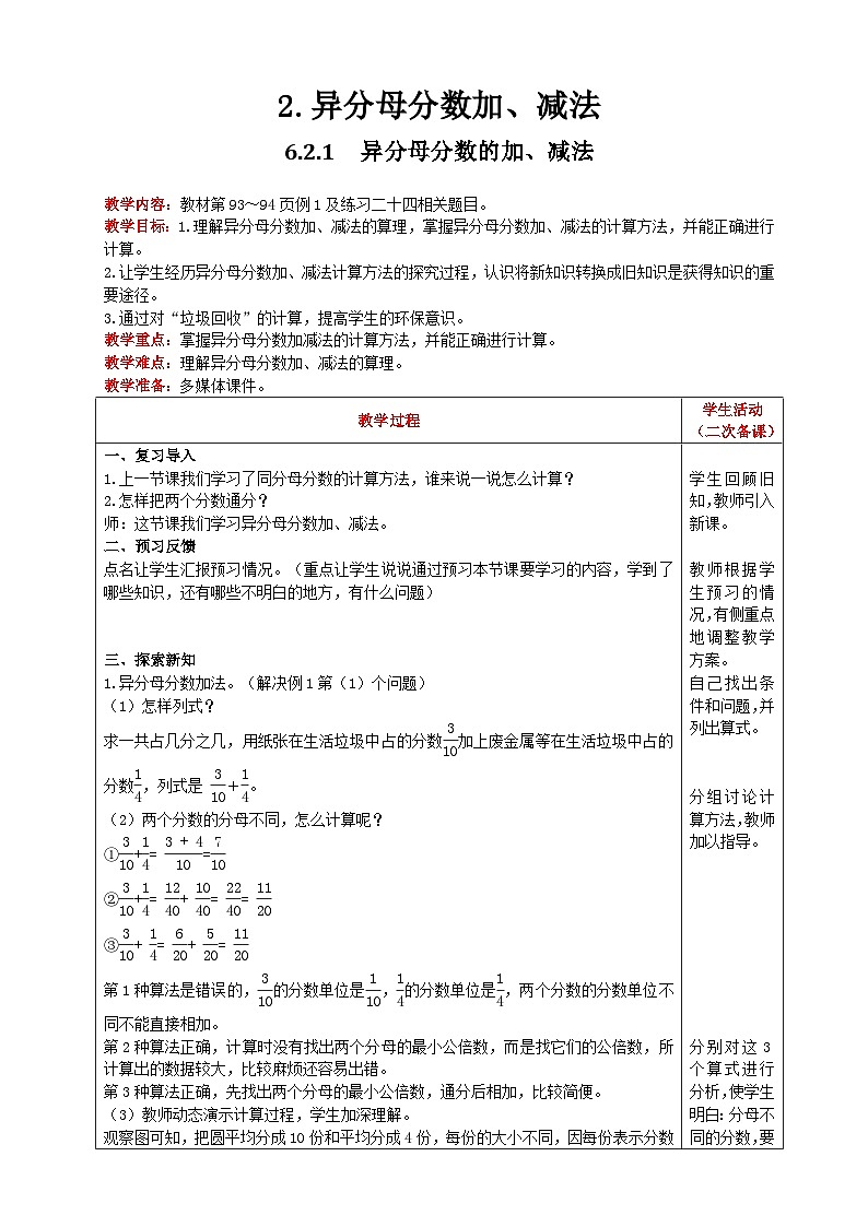 人教版數(shù)學(xué)五年級(jí)下冊(cè) 6.2.1《異分母分?jǐn)?shù)的加、減法》教案第1頁(yè)