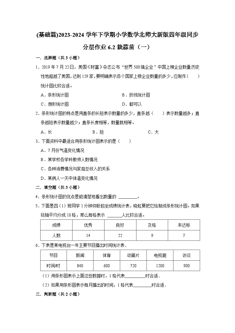 6.2栽蒜苗(一)(基础篇)2023-2024学年下学期小学数学北师大新版四年级同步分层作业01