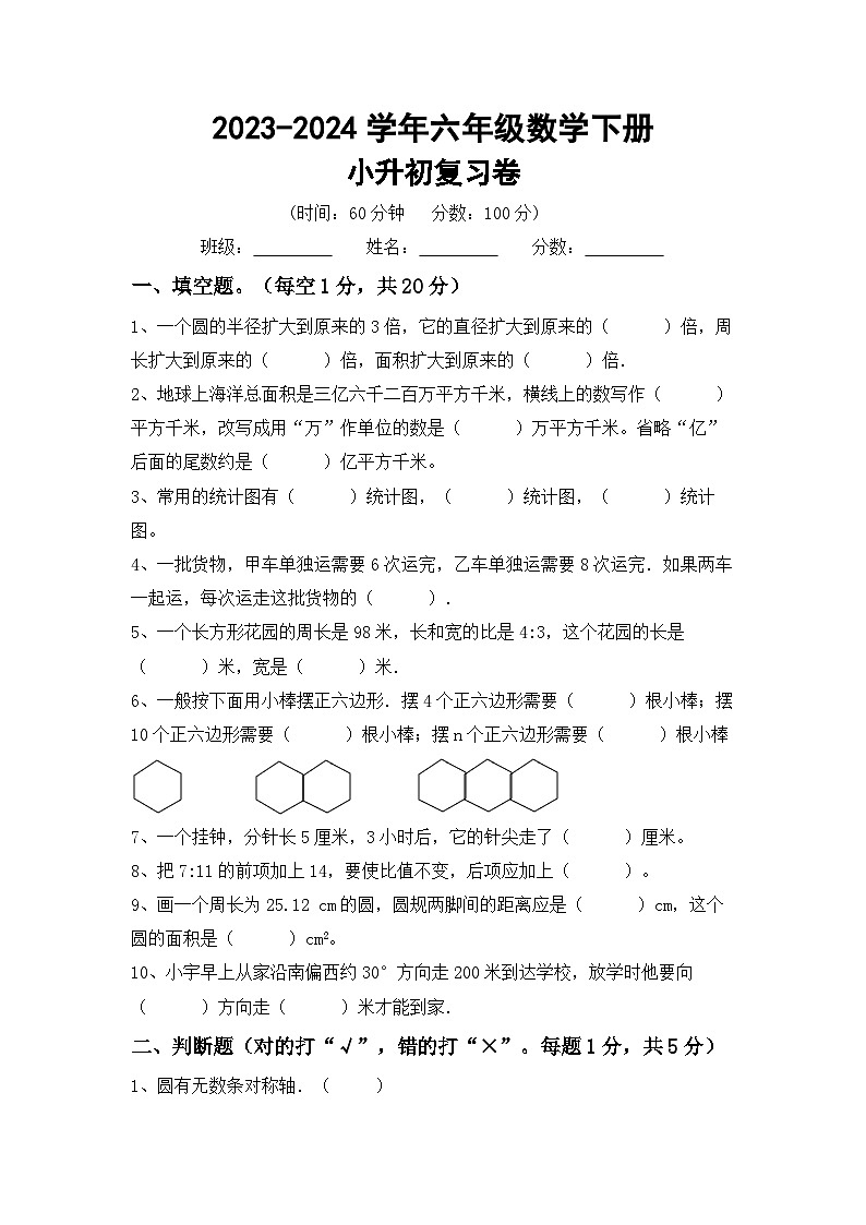 小升初综合复习(试题)-2023-2024学年六年级下册西师大版数学第1页