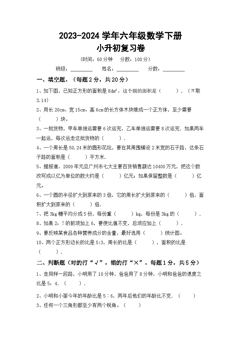 小升初复习(试题)-2023-2024学年六年级下册西师大版数学第1页