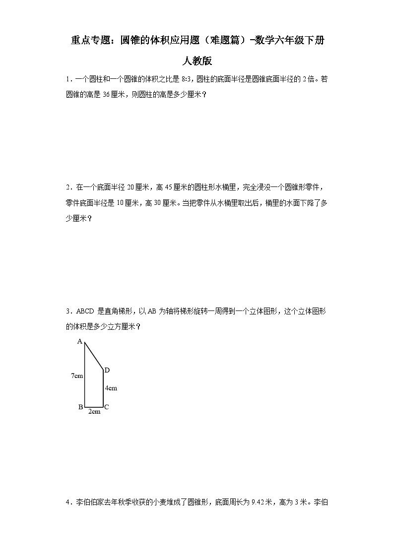 重点专题:圆锥的体积应用题(难题篇)-数学六年级下册人教版第1页