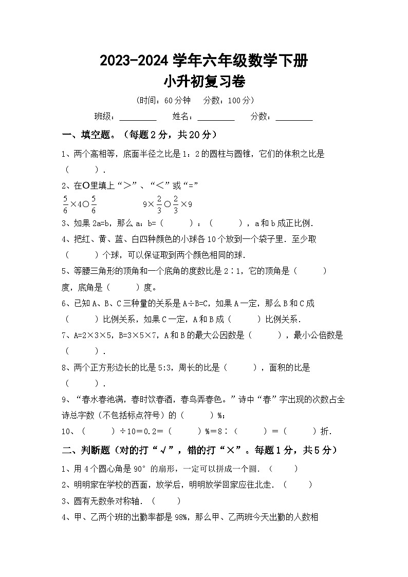 小升初复习题(试题)-2023-2024学年六年级下册数学冀教版第1页