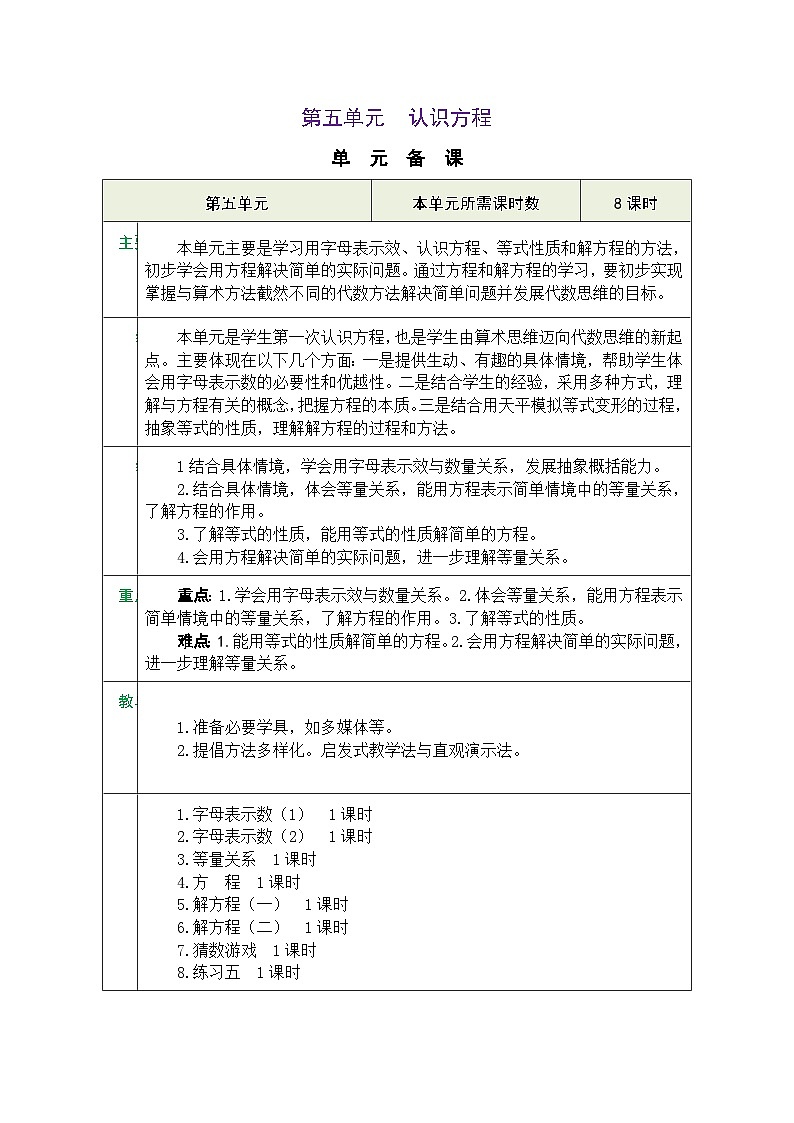 北师大版四年级数学下册第五单元《认识方程》 精品同步教案第1页