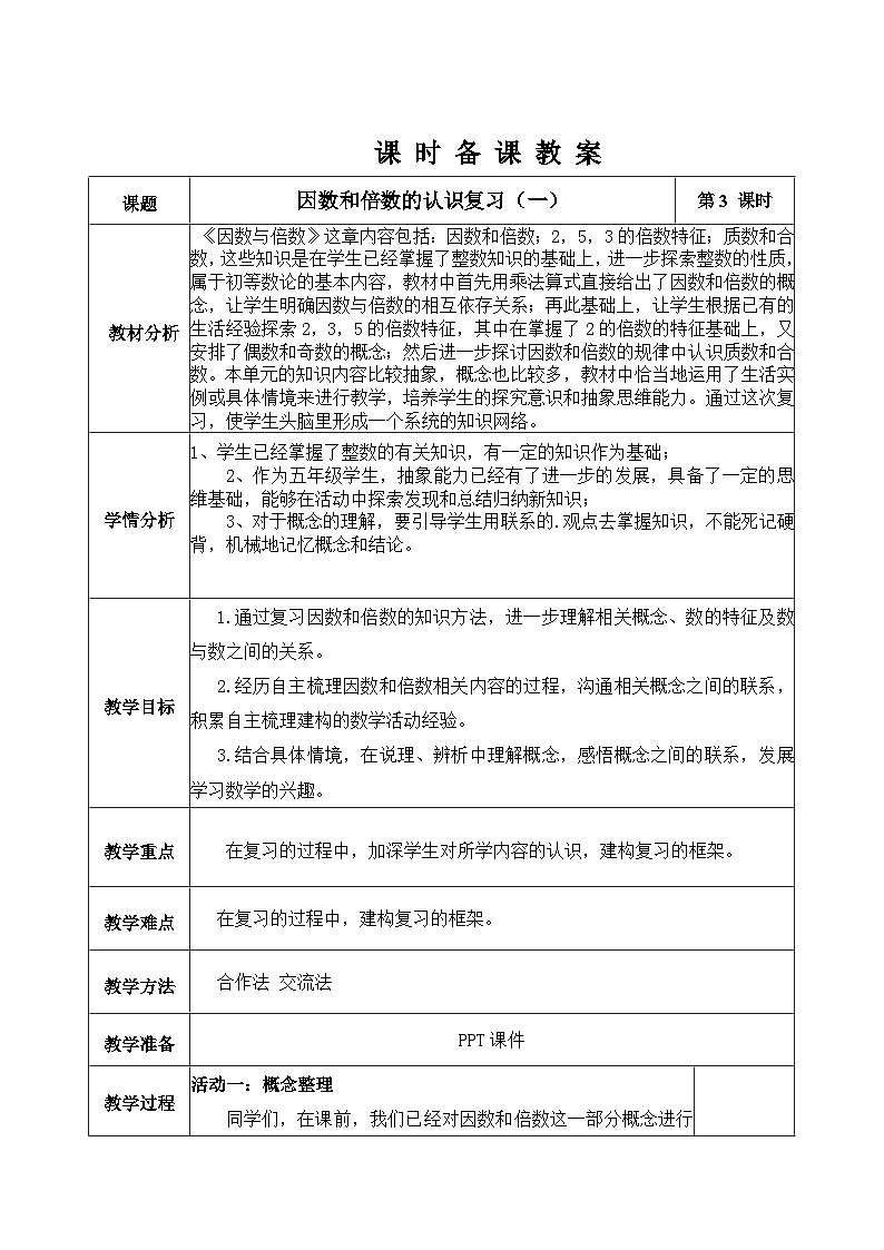 北京版数学六年级下册第四单元因数和倍数的认识复习(一)教学设计01