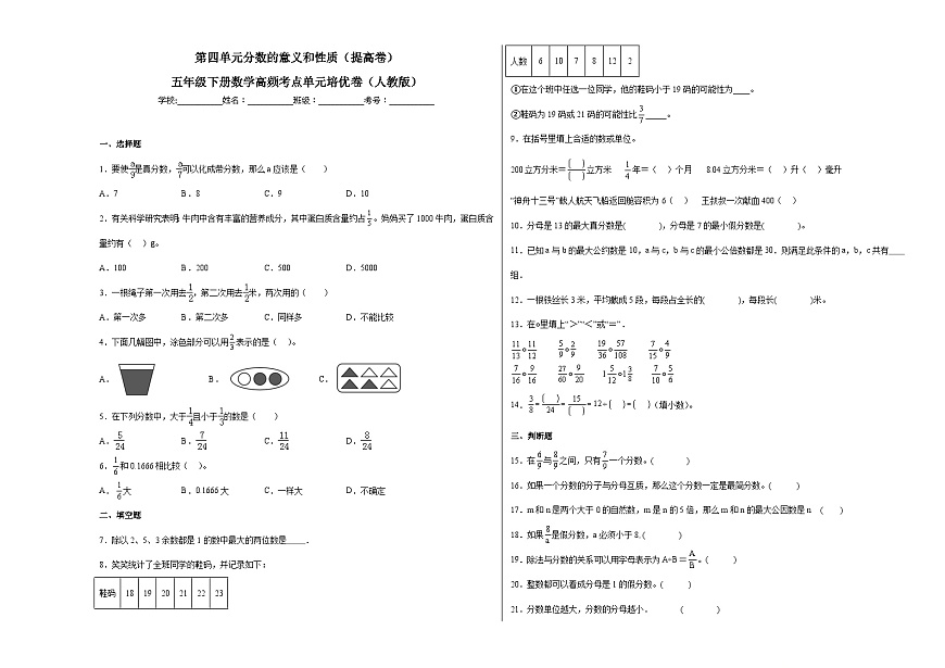 人教版五年級下冊數(shù)學拔高培優(yōu)卷第四單元分數(shù)的意義和性質(zhì)(提高卷)(附答案)第1頁