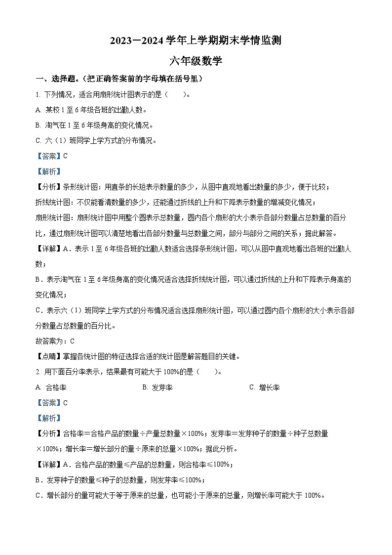 精品解析:2023-2024学年河南省郑州市金水区文化路第一小学人教版六年级上册期末测试数学试卷(解析版)第1页