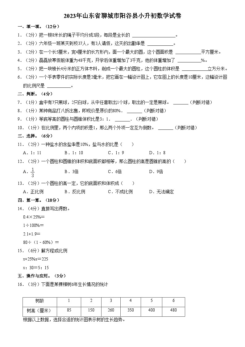 2023年山东省聊城市阳谷县小升初数学试卷(内含答案解析)01