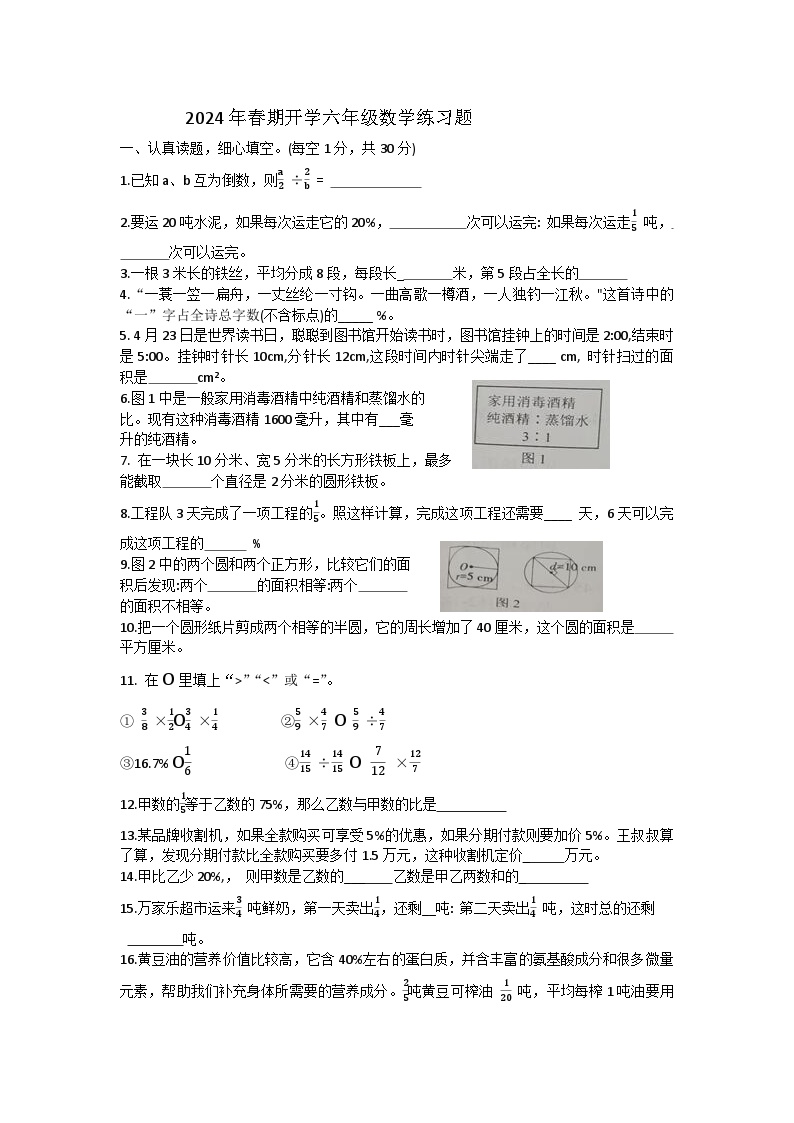 河南省南阳市南召县2023-2024学年六年级下学期开学数学试题
