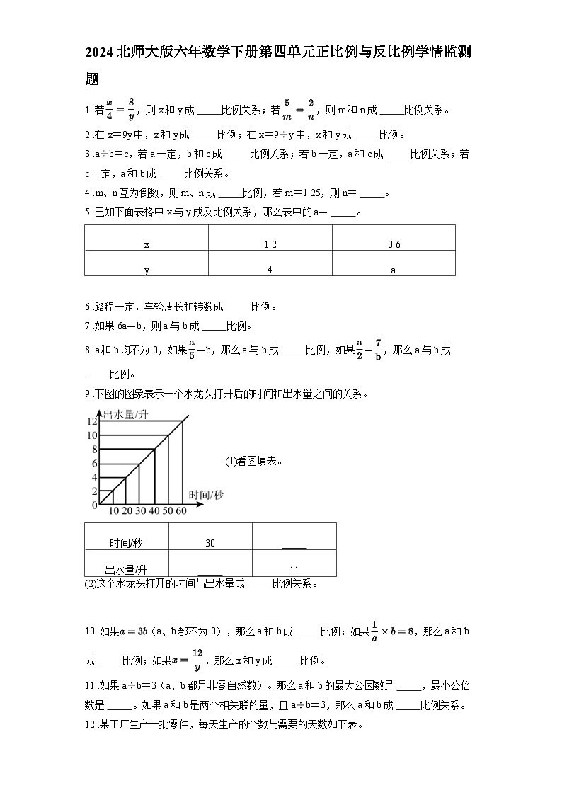 2024北师大版六年数学下册第四单元正比例与反比例学情监测题含答案第1页