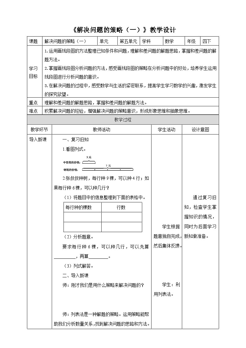 苏教版四年级下册数学《解决问题的策略(一)》教学设计01