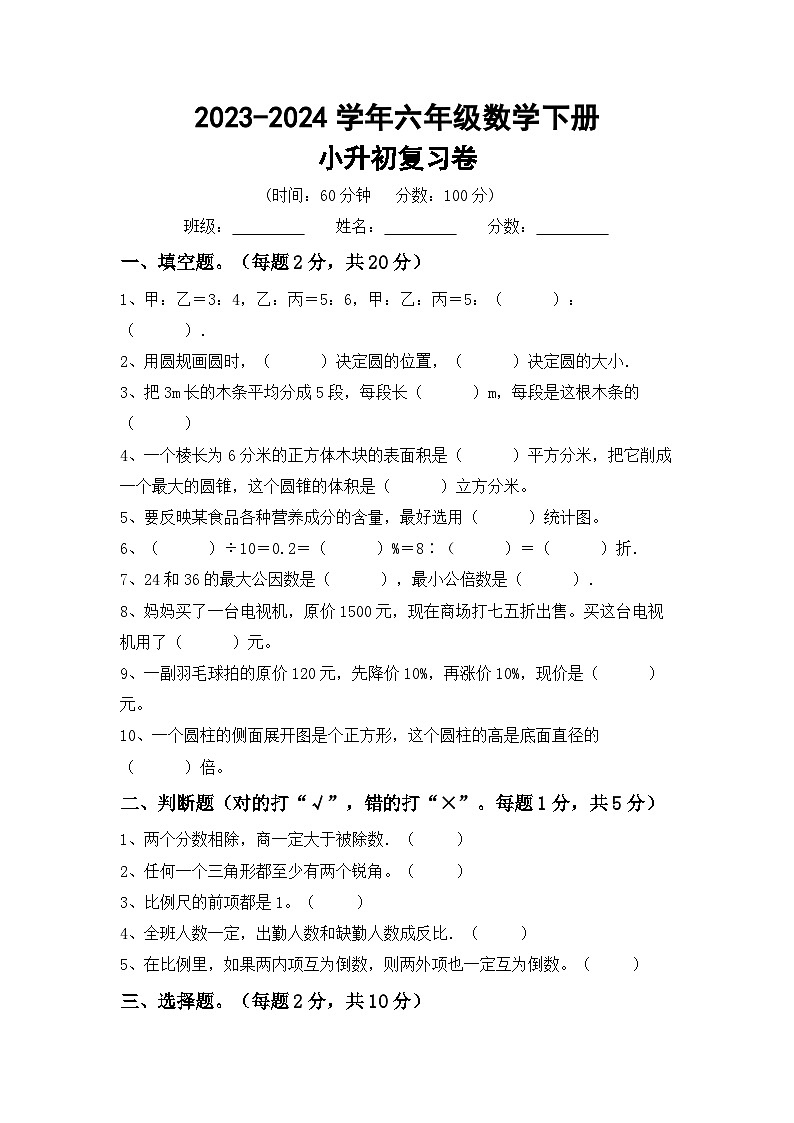 小升初复习卷(试题)-2023-2024学年六年级下册苏教版数学第1页