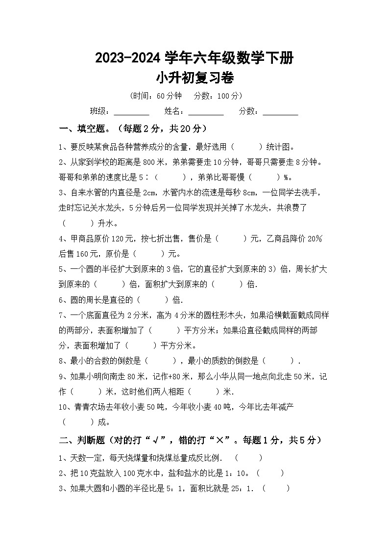 小升初综合复习(试题)-2023-2024学年六年级下册人教版数学第1页