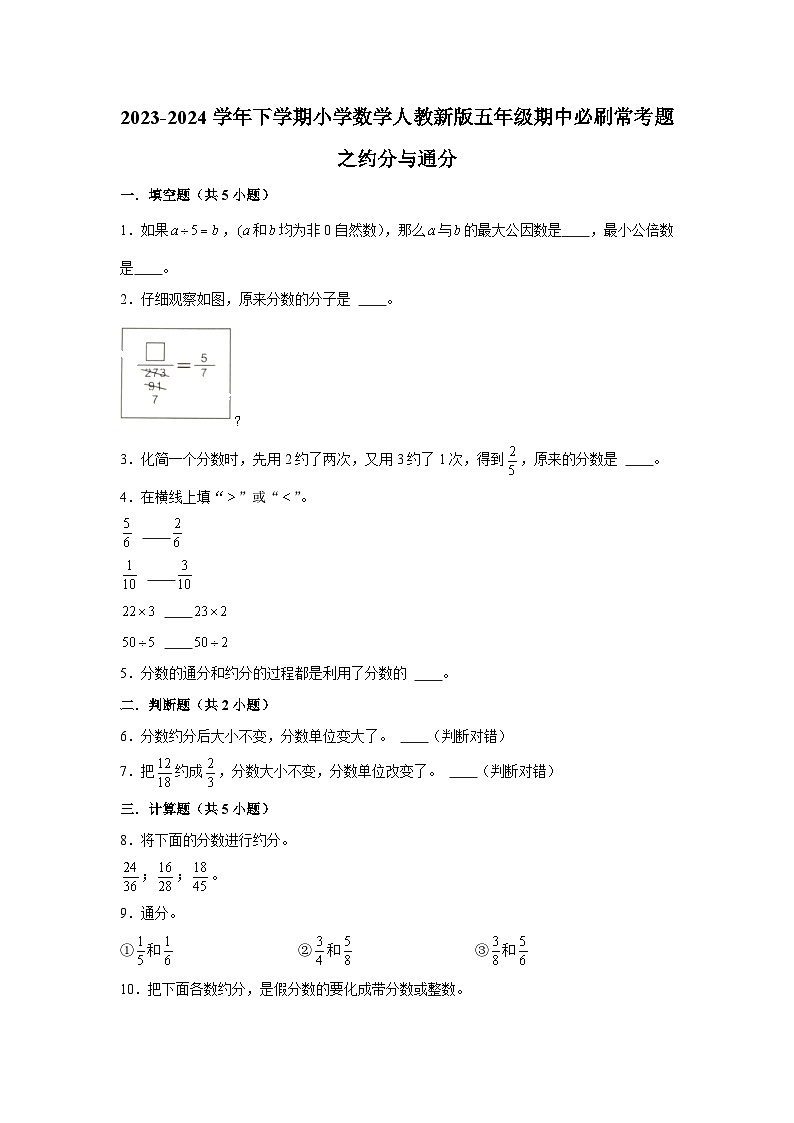 约分与通分-2023-2024学年小学数学五年级下学期 期中必刷常考题 人教版(含解析)01
