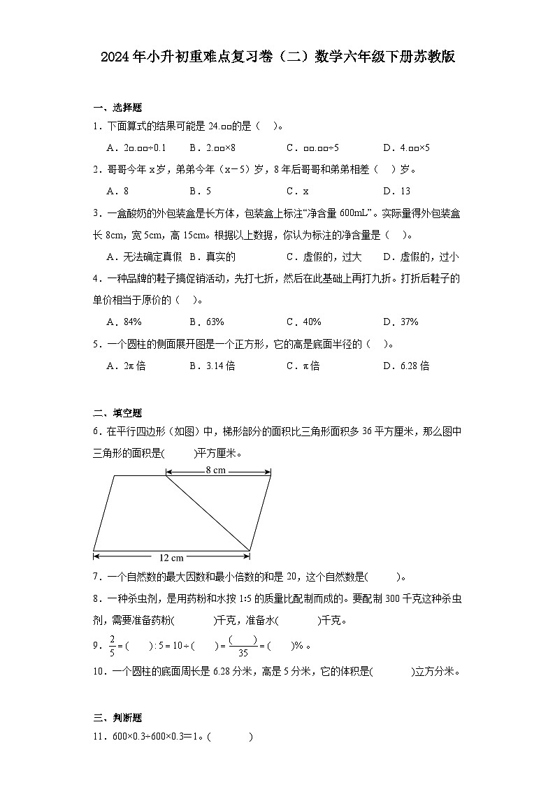 2024年小升初重难点复习卷(二)数学六年级下册苏教版第1页