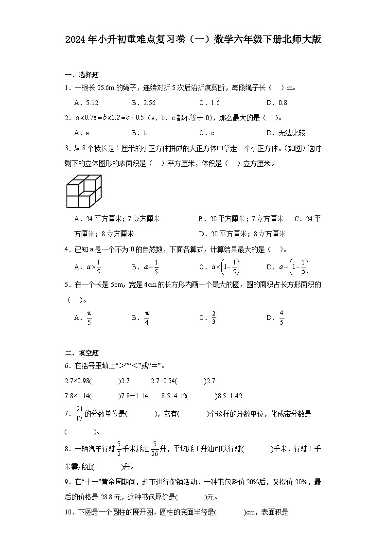 2024年小升初重难点复习卷(一)数学六年级下册北师大版第1页