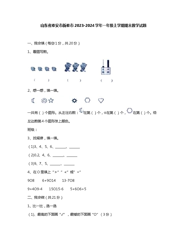 山东省泰安市新泰市2023-2024学年一年级上学期期末数学试题01