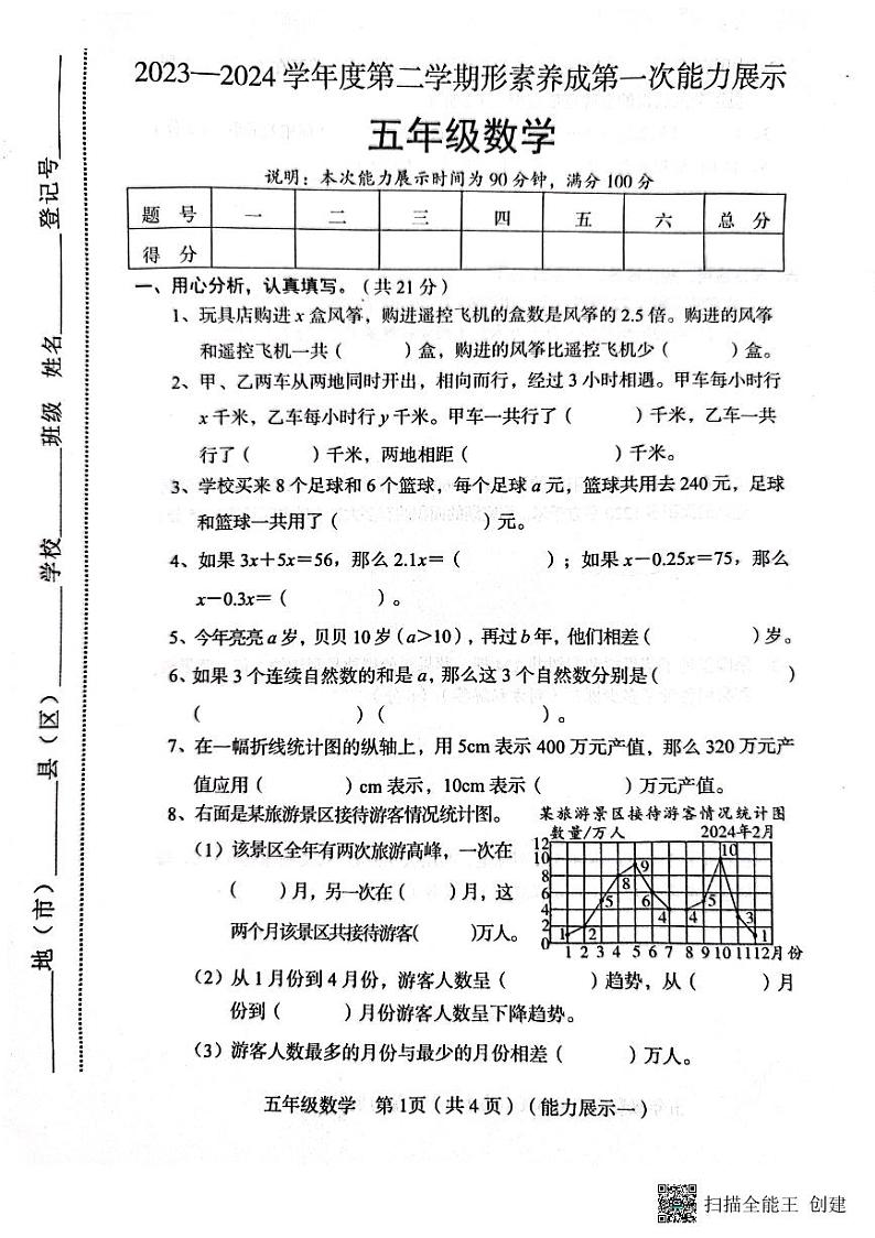 山西省临汾市霍州市校联考2023-2024学年五年级下学期3月月考数学试题第1页