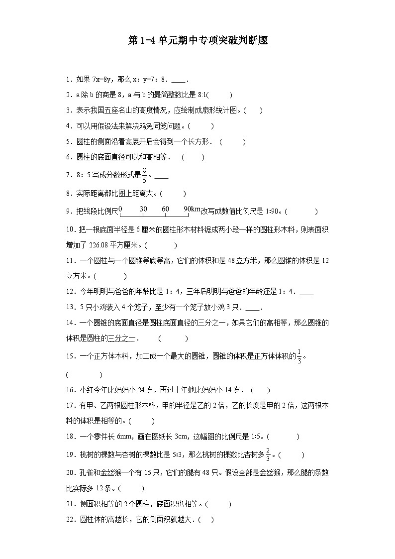 (期中典型真题)第1-4单元期中专项突破判断题—2023—2024学年六年级下册数学高频易错期中备考(苏教版)第1页