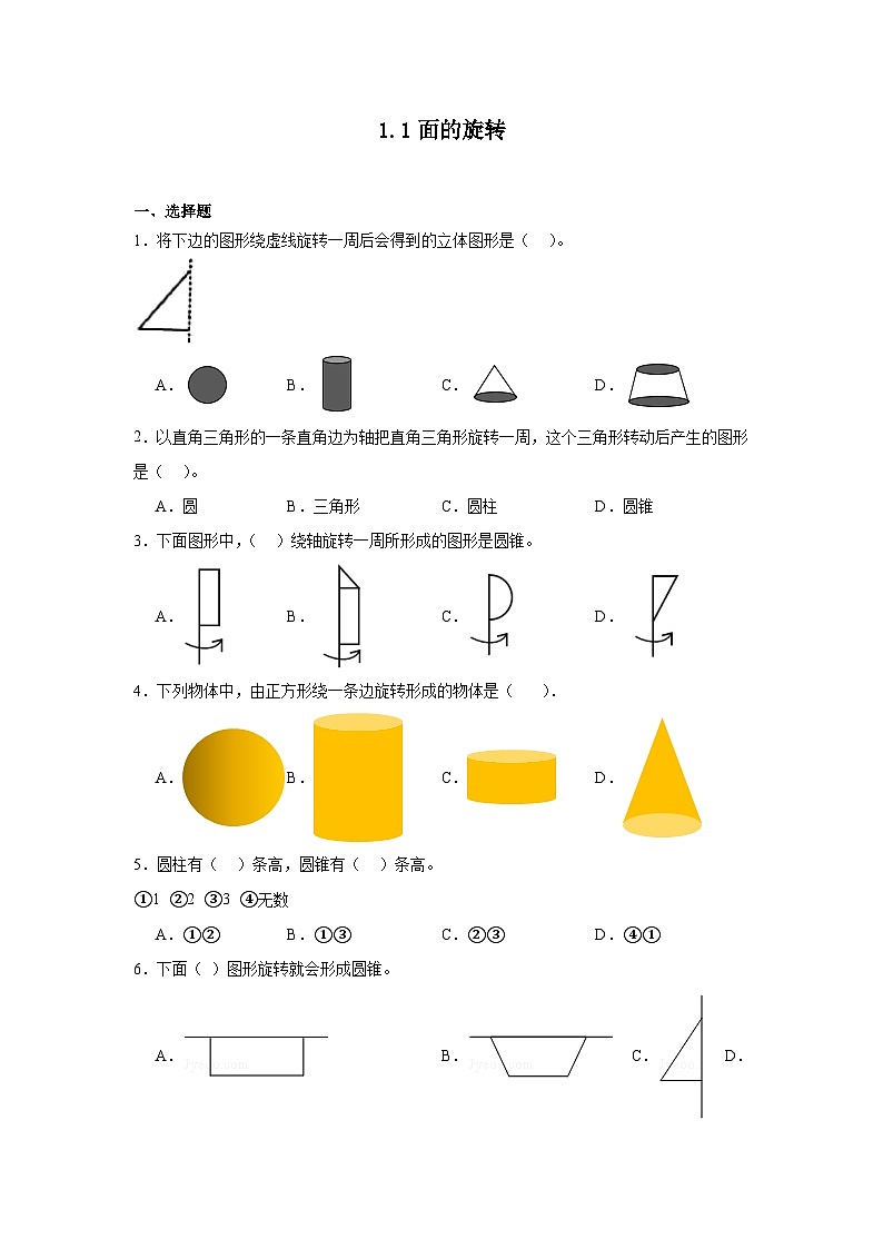 1.1面的旋转课堂通行证 北师大版数学六年级下册练习试题第1页