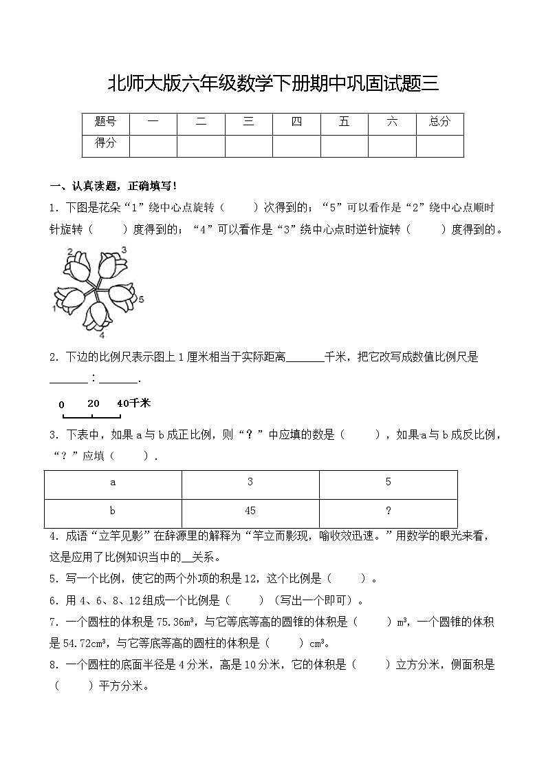 北师大版六年级数学下册期中巩固卷三(含解析)01