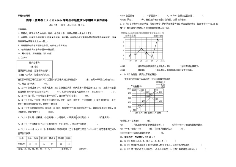 2023-2024学年（苏教版）五年级数学下学期中测试卷（提高卷01）01