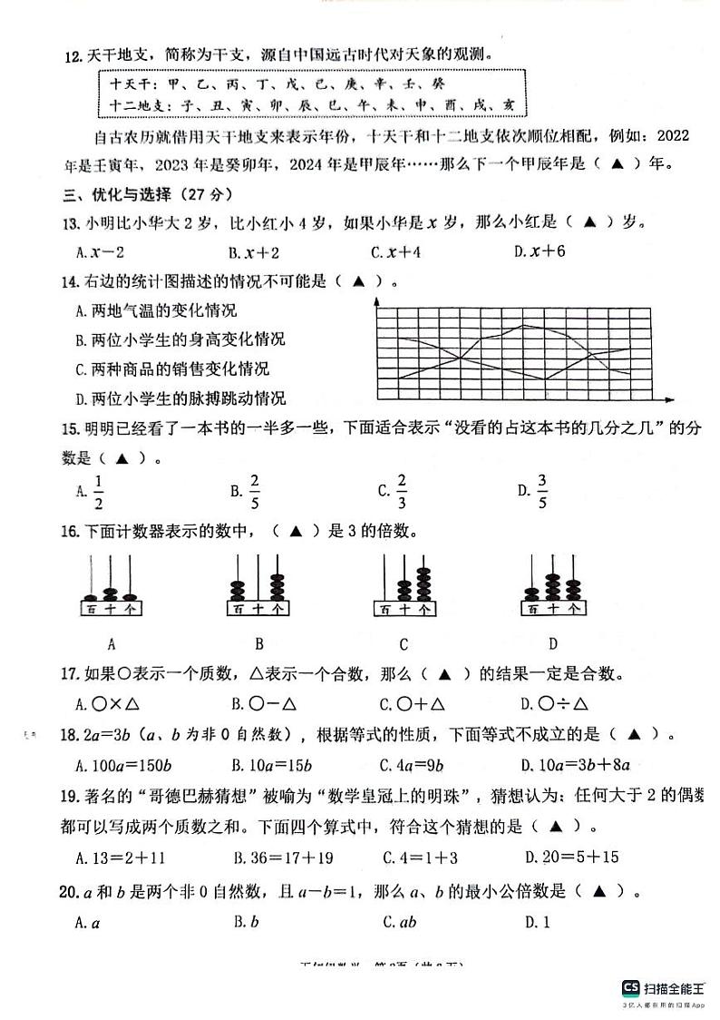江苏省连云港市灌云县2023-2024学年五年级下学期期中学业发展水平调查数学试题第2页