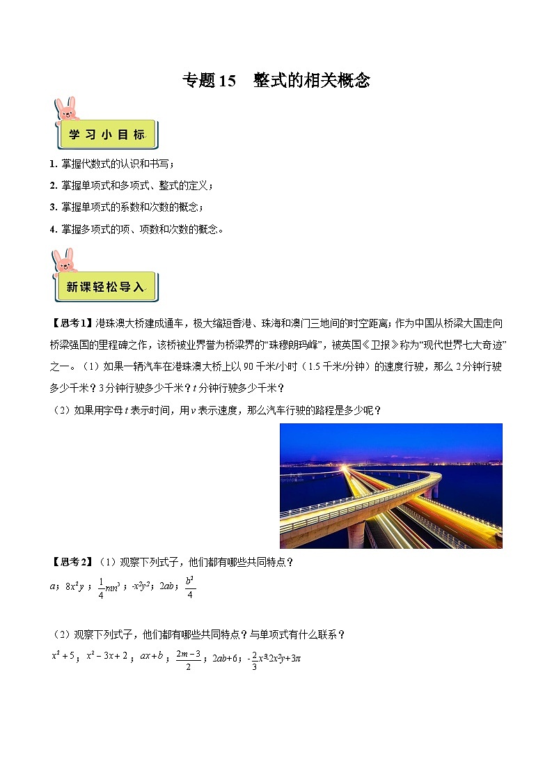 2024年小升初数学专题 (通用版)-15 整式的相关概念(解析版)第1页
