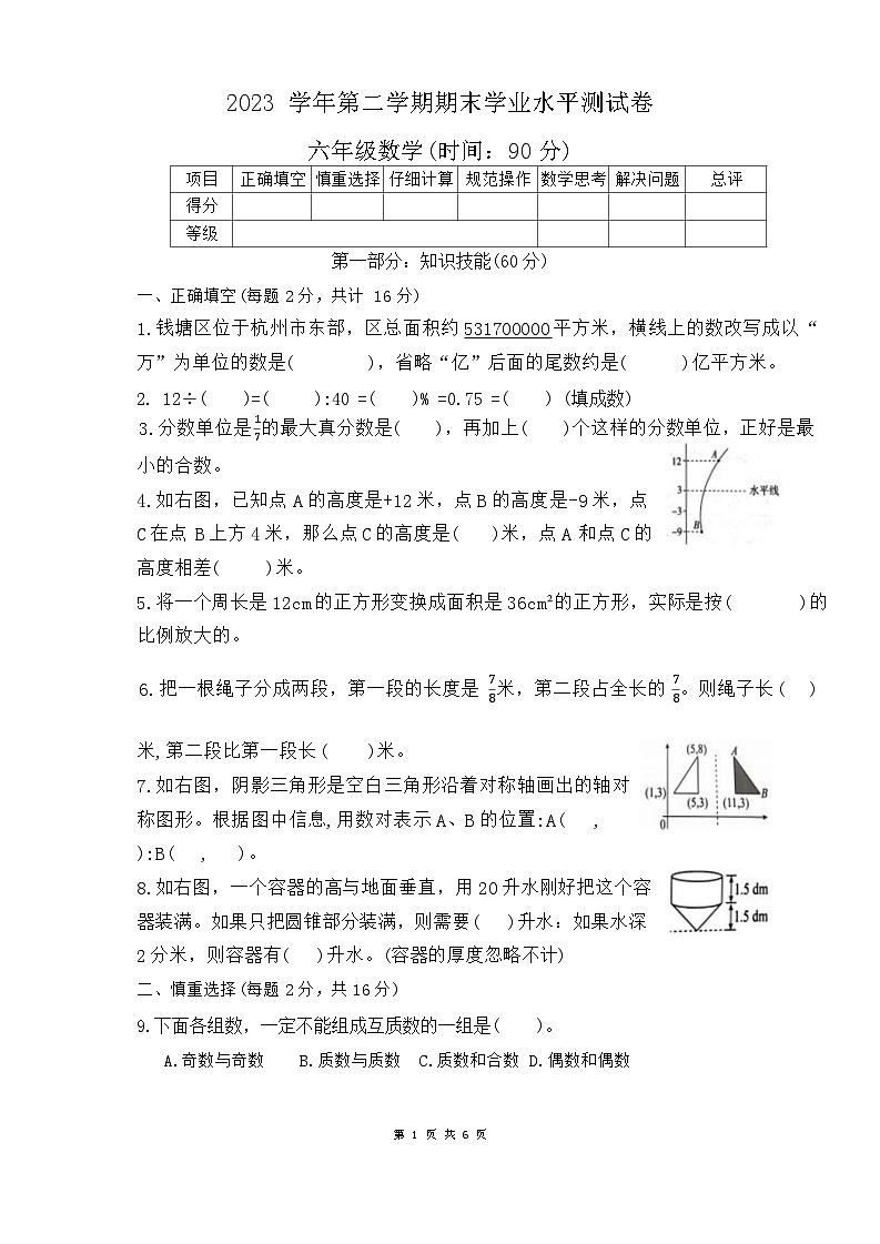 浙江省杭州市钱塘区2022-2023学年六年级下学期期末质量综合评估数学测试卷第1页