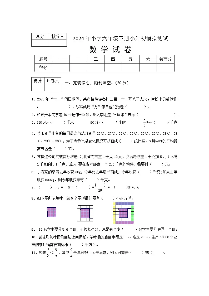 小升初模拟试卷(试题)-2023-2024学年六年级下册数学人教版第1页
