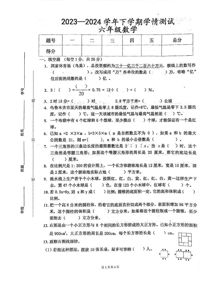河南省平顶山市郏县2023-2024学年六年级下学期期末数学试题第1页