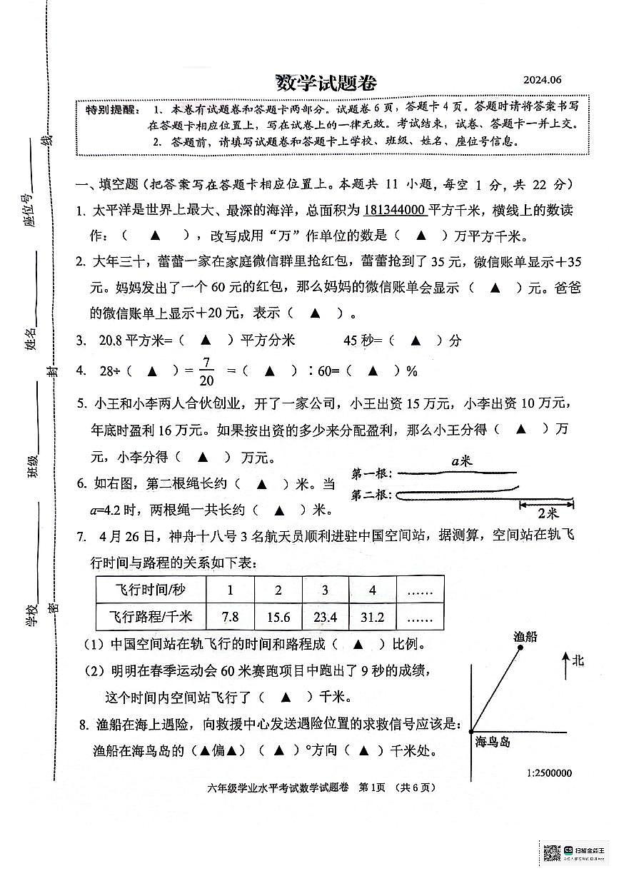 江蘇省常州市2023-2024學(xué)年六年級下學(xué)期期末數(shù)學(xué)試卷第1頁
