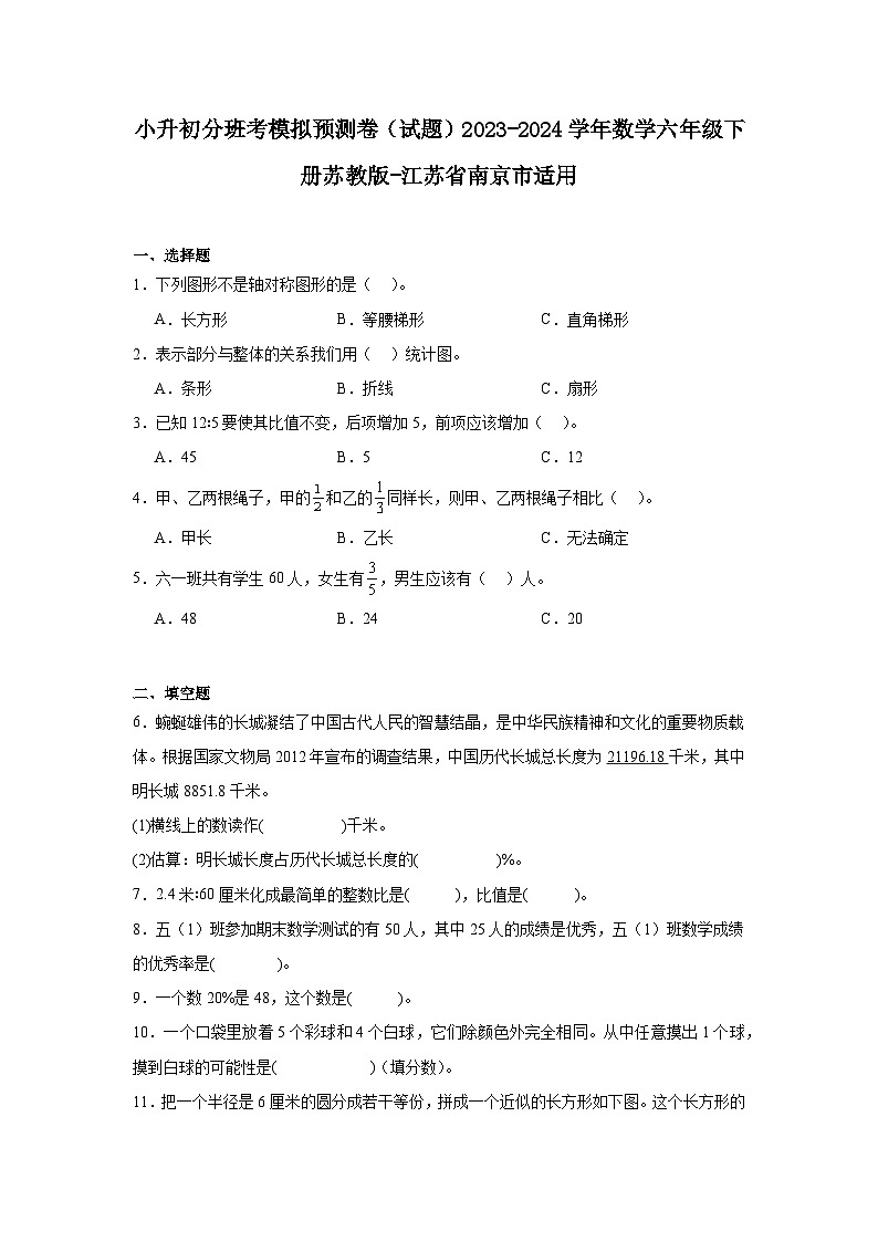 小升初分班考模拟预测卷(试题)2023-2024学年数学六年级下册苏教版01