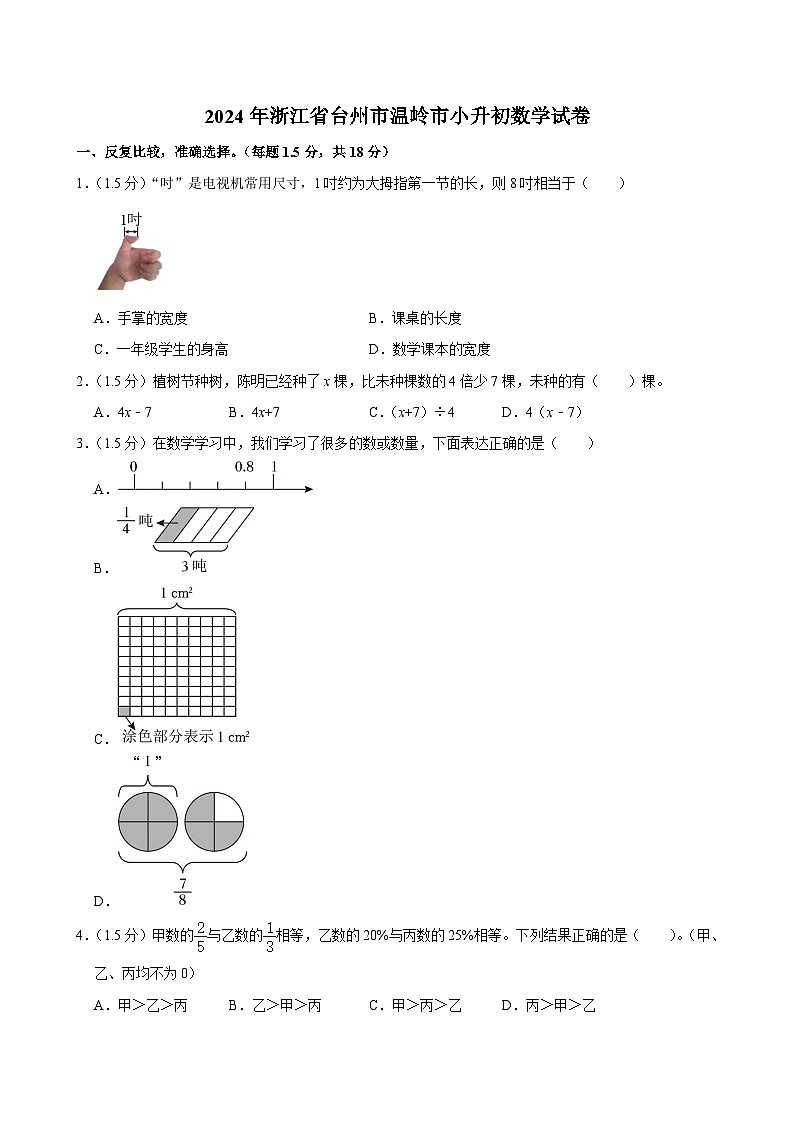 2024年浙江省台州市温岭市小升初数学试卷(含答案解析)01