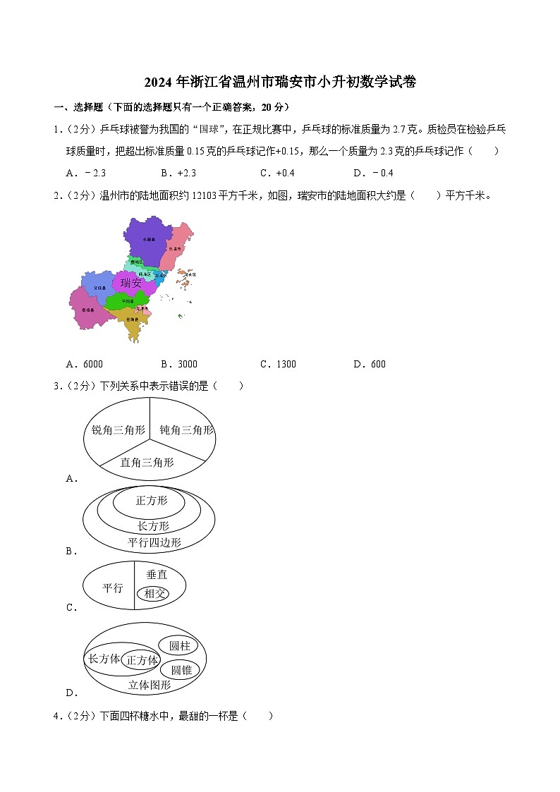 2024年浙江省温州市瑞安市小升初数学试卷(含答案解析)第1页