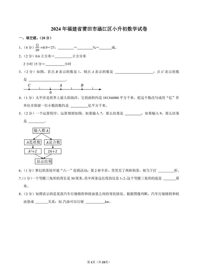 2024年福建省莆田市涵江区小升初数学试卷附答案解析第1页