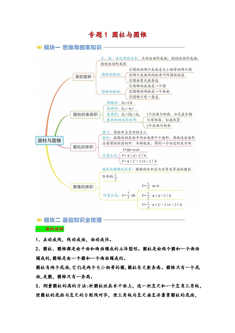2024年小升初数学暑假专题训练 专题1 圆柱与圆锥(北师大版)01