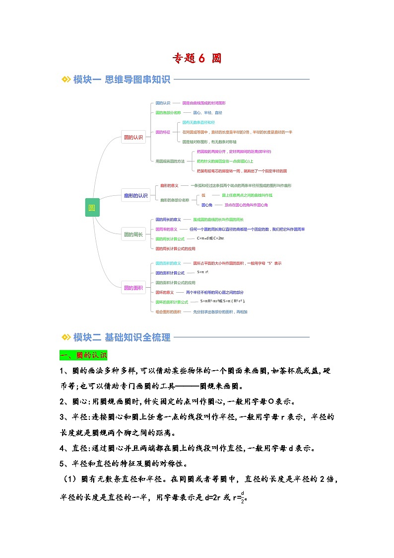 2024年五升六数学暑假专题训练 专题6 圆(教师版)(苏教版)第1页